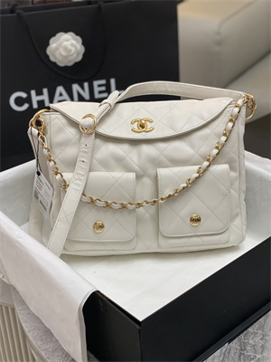 Chanel Large Hobo Handbag Shiny calfskin Gold Tone Metal White AS4668