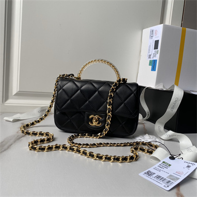 Chanel Mini Flap Bag With Top Handle Lambskin, Resin & Gold-Tone Metal Black Color AS4847