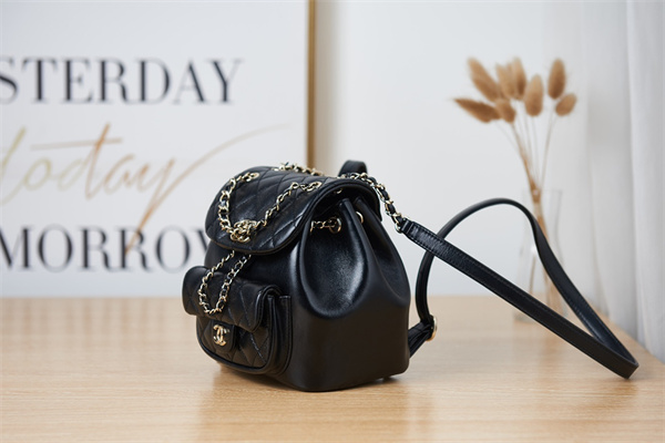 Cha.nel Duma Backpack Lambskin Gold Tone Metal Black AS2908