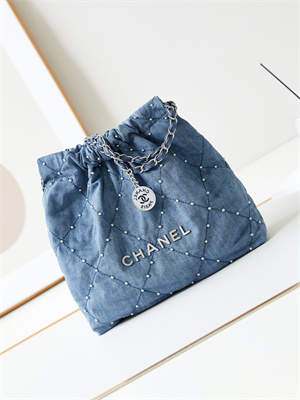 Cha.nel 22 Small Handbag Washed Denim Blue Silver Tone Metal AS3260