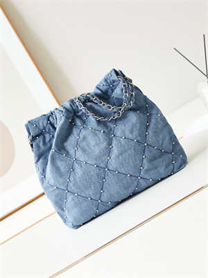 Cha.nel 22 Small Handbag Washed Denim Blue Silver Tone Metal AS3260