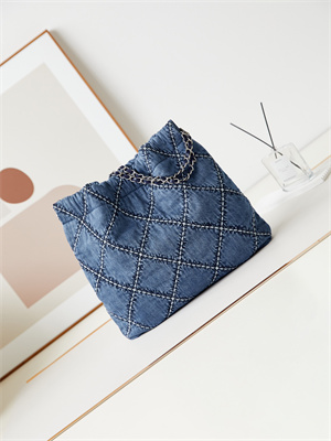 Cha.nel 22 Medium Handbag Stitched Denim Silver Tone Metal Blue AS3261