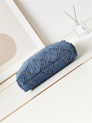 Cha.nel 22 Medium Handbag Stitched Denim Silver Tone Metal Blue AS3261