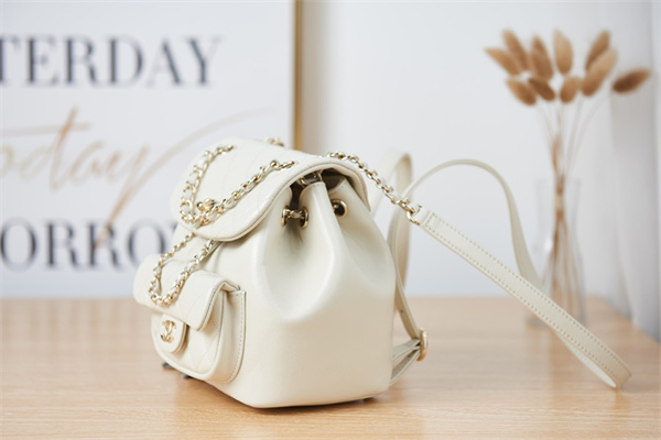 Cha.nel Duma Backpack Calfskin Gold Tone Metal White AS2908