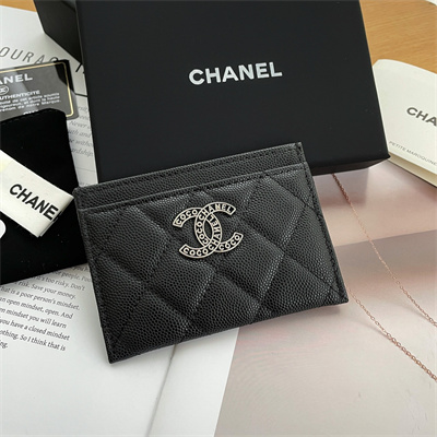 Chanel Card Holder Grained Calfskin Silver Tone Metal Black AP3837