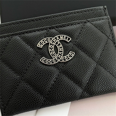 Chanel Card Holder Grained Calfskin Silver Tone Metal Black AP3837