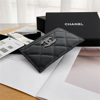 Chanel Card Holder Grained Calfskin Silver Tone Metal Black AP3837