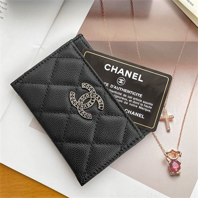 Chanel Card Holder Grained Calfskin Silver Tone Metal Black AP3837