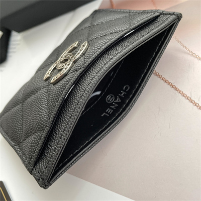 Chanel Card Holder Grained Calfskin Silver Tone Metal Black AP3837