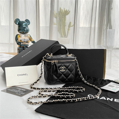 Chanel Small Vanity Case With Chain Lambskin Gold Tone Metal Black AP2198