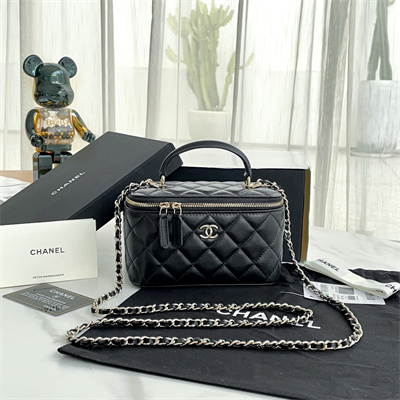 Chanel Vanity Case With Chain Lambskin Gold Tone Metal Black AP2199