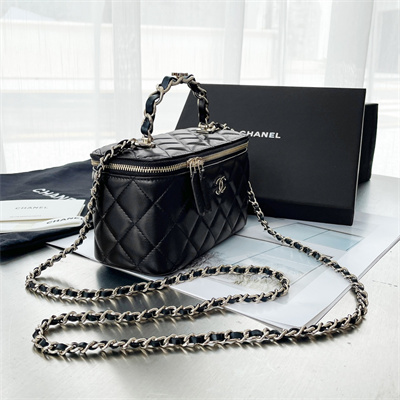Chanel Vanity Case With Chain Lambskin Gold Tone Metal Black AP3333