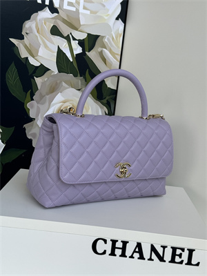 Cha.nel Large Coco Handle Bag Grained Calfskin Lt Gold Metal Purple A92991