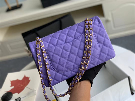 Chanel Medium Classic Flap Bag Grained Calfskin Gold Tone Metal Purple 01112