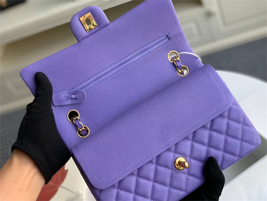 Chanel Medium Classic Flap Bag Grained Calfskin Gold Tone Metal Purple 01112