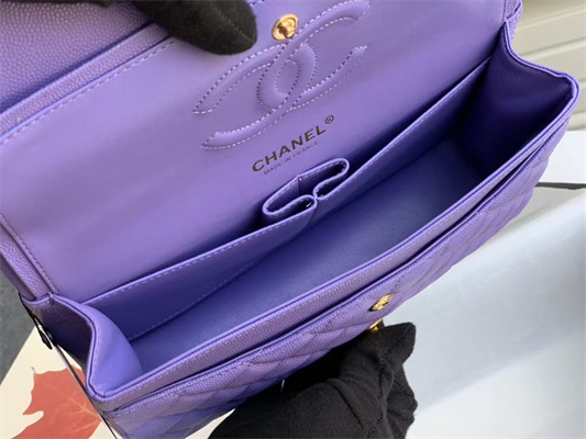 Chanel Medium Classic Flap Bag Grained Calfskin Gold Tone Metal Purple 01112