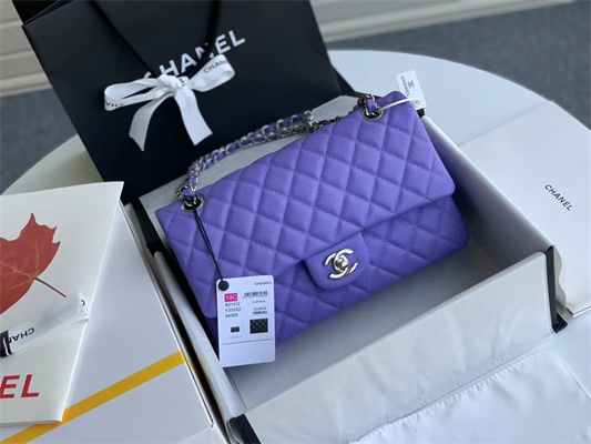 Chanel Medium Classic Flap Bag Grained Calfskin Silver Tone Metal Purple 01112
