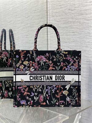 CD Large Book Tote Black Multicolor Dior Herbarium Embroidery