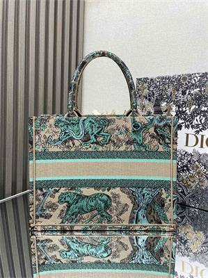 CD Medium Dioriviera Dior Book Tote Raffia with Aquamarina Toile de Jouy Sauvage Embroidery Green
