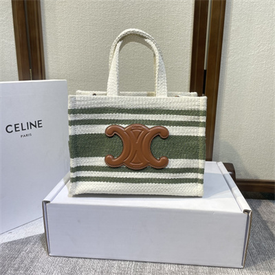 Celine Small Cabas Thais In Striped Textile With Calfskin White/Green