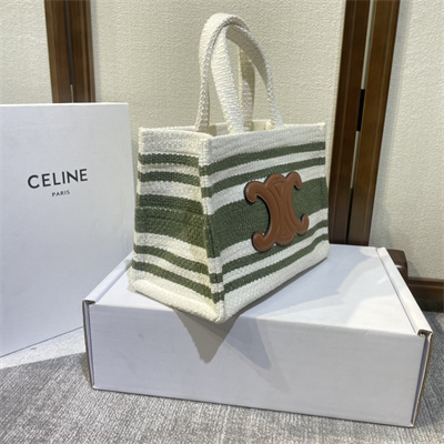 Celine Small Cabas Thais In Striped Textile With Calfskin White/Green