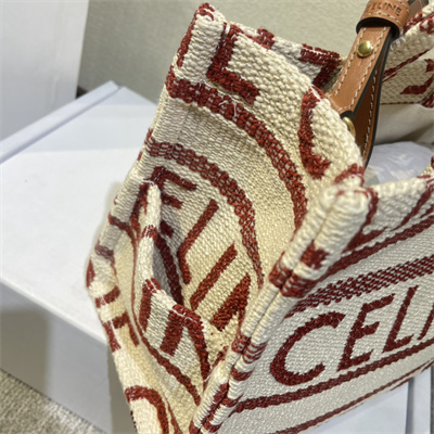 Celine Small Cabas Thais In Textile With Celine Jacquard And Calfskin White/Red