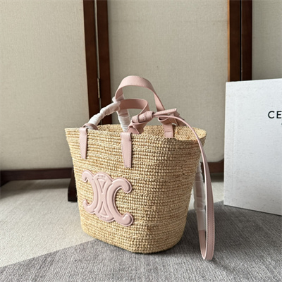 Celine Teen Supple Classic Panier In Raffia and Calfskin Pink