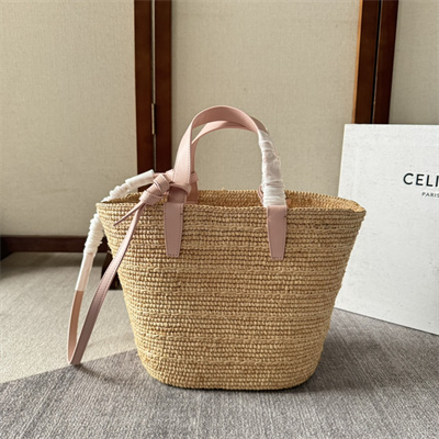 Celine Teen Supple Classic Panier In Raffia and Calfskin Pink