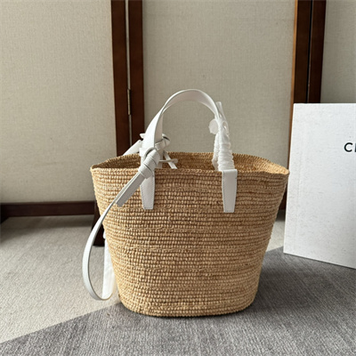 Celine Teen Supple Classic Panier In Raffia and Calfskin White