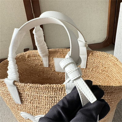 Celine Teen Supple Classic Panier In Raffia and Calfskin White