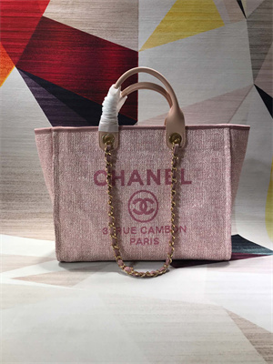 Cha.nel Deauville Large Shopping Bag Mixed Linen Fibers Gold Tone Metal Pink A66941