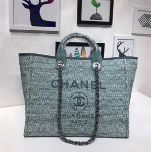 Chanel Deauville Large Shopping Bag Mixed Fibers Gold Tone Metal Green A66941
