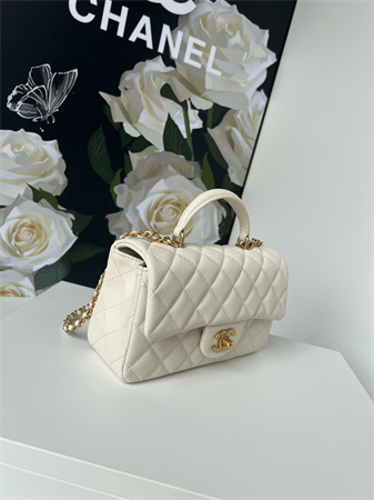 Chanel Mini Flap Bag With Top Handle Grained Calfskin Gold Tone Metal White AS2431