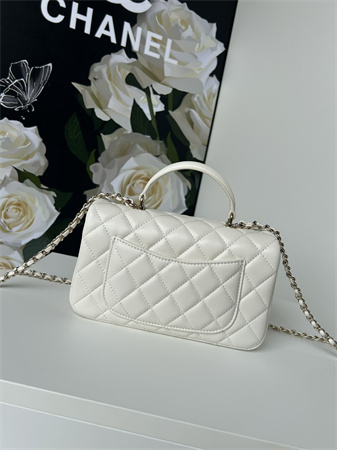 Chanel Mini Flap Bag With Top Handle Lambskin Gold Tone Metal White AS2431