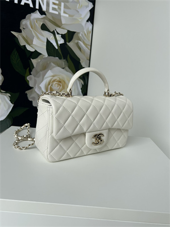 Chanel Mini Flap Bag With Top Handle Lambskin Gold Tone Metal White AS2431
