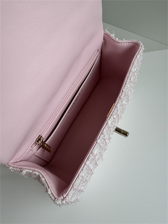 Chanel Mini Flap Bag With Top Handle Tweed Gold Tone Metal Pink AS2431