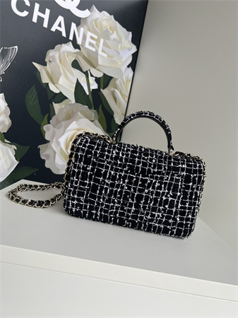 Chanel Mini Flap Bag With Top Handle Tweed Gold Tone Metal Black/White AS2431