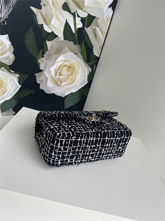 Chanel Mini Flap Bag With Top Handle Tweed Gold Tone Metal Black/White AS2431