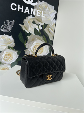Chanel Mini Flap Bag With Top Handle Grained Calfskin Gold Tone Metal Black AS2431