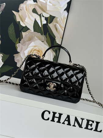 Chanel Mini Flap Bag With Top Handle Patent Calfskin Gold Tone Metal Black AS2431