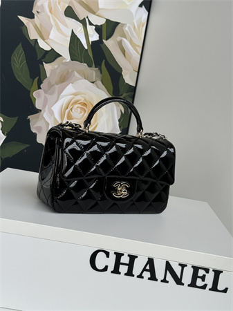 Chanel Mini Flap Bag With Top Handle Patent Calfskin Gold Tone Metal Black AS2431