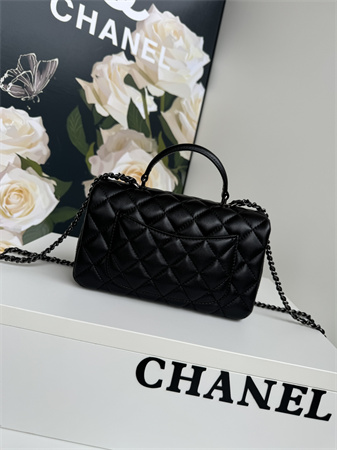 Chanel Mini Flap Bag With Top Handle Lambskin Petwer Tone Metal Black AS2431