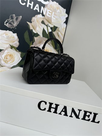 Chanel Mini Flap Bag With Top Handle Lambskin Petwer Tone Metal Black AS2431