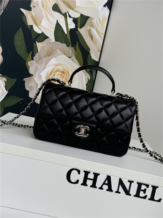 Chanel Mini Flap Bag With Top Handle Lambskin Silver Tone Metal Black AS2431