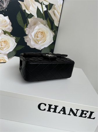 Chanel Mini Flap Bag With Top Handle Lambskin Silver Tone Metal Black AS2431