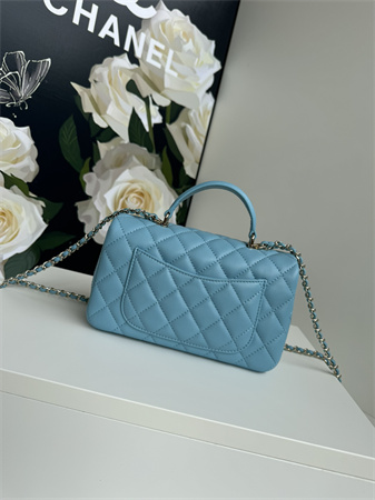 Chanel Mini Flap Bag With Top Handle Lambskin Gold Tone Metal Blue AS2431