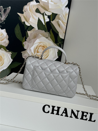 Chanel Mini Flap Bag With Top Handle Lambskin Gold Tone Metal Grey AS2431
