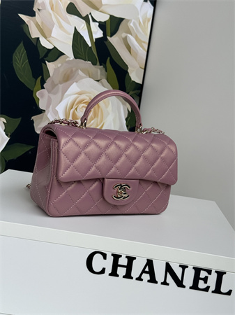 Chanel Mini Flap Bag With Top Handle Lambskin Gold Tone Metal Dk Pink AS2431