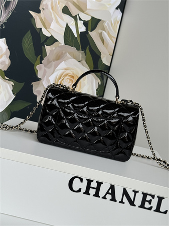 Chanel Mini Flap Bag With Top Handle Charm Patent Calfskin Gold Tone Metal Black AS2431