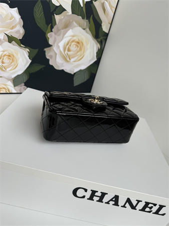 Chanel Mini Flap Bag With Top Handle Charm Patent Calfskin Gold Tone Metal Black AS2431